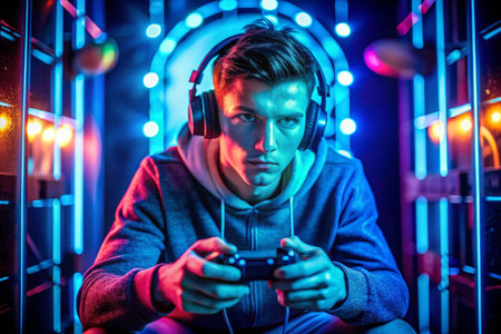 Teen gamer immersed in vibrant light, focused on controllerの素材