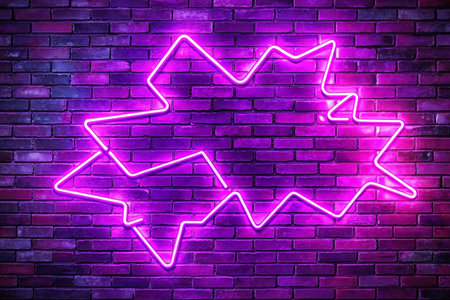 Purple neon sign, starburst shape, brick wall background.の素材