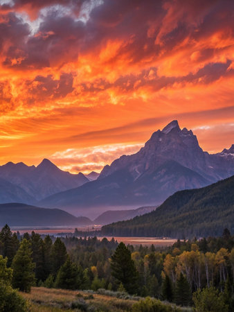Fiery Sunrise Grand Teton Valley Landscapeの素材