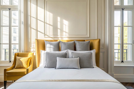 Sunlit luxury bedroom with mustard yellow armchair and large bed.の素材