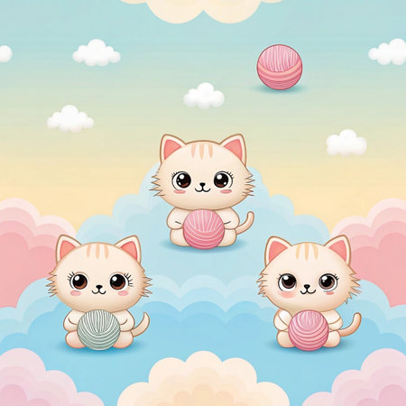 Three cute kittens playing with yarn balls on pastel clouds.の素材