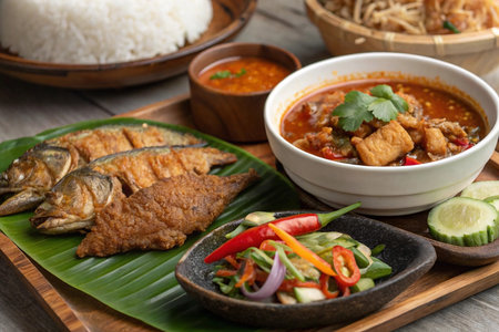 Diverse Asian dish platter featuring fried fish, rice, curry, and a side saladの素材