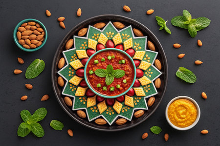 Spicy dip, almond garnish, mint, dark background, food photographyの素材