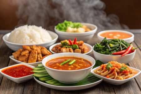 Diverse Asian meal featuring rice, various soups, and stir-fried proteinsの素材