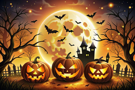 Spooky Jack-o'-lanterns Halloween Night Sceneの素材