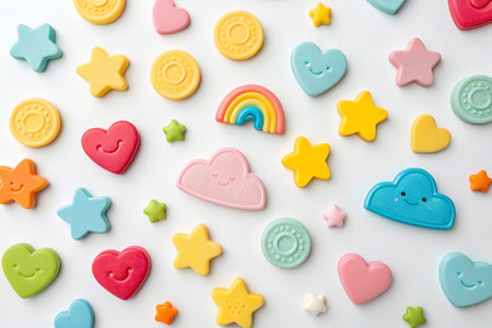 Colorful soap shapes on white background; hearts, stars, clouds, rainbows; bath product flatlayの素材