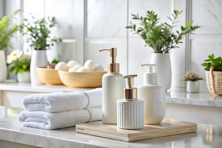 Modern bathroom, soap dispensers, towels, plants, marble countertopの素材