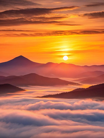 Sunrise over misty mountain range, aerial viewの素材