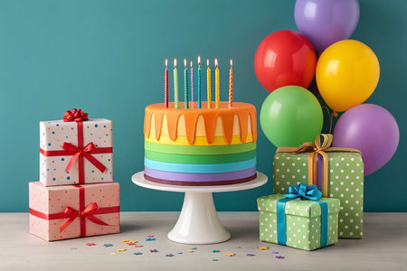 Rainbow birthday cake with presents and balloons. (1)の素材