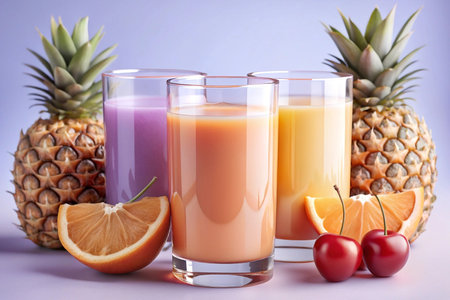 Three glasses of fruit juice with pineapples and oranges.の素材