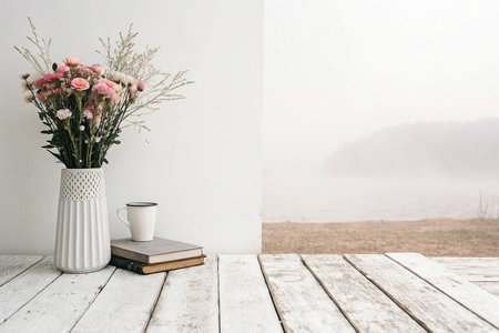 Flowers, books, mug, foggy lake view. Peaceful home decorの素材