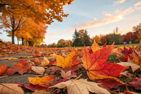 Autumn leaves pathway park sunset natureの素材