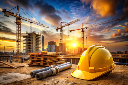 Sunset construction site, city skyline, hard hat, pipesの素材