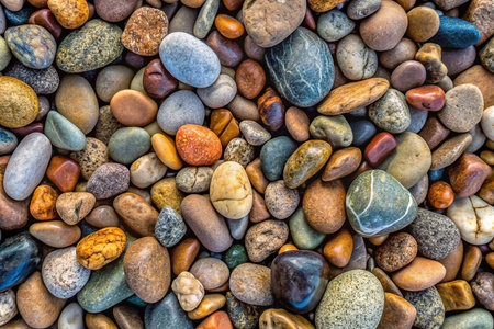 Colorful beach pebbles, close-up texture, ocean background, nature designの素材