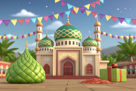 Festive Muslim celebration scene with a mosque and giftsの素材