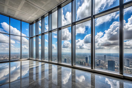 Empty high-rise office space with panoramic city viewsの素材