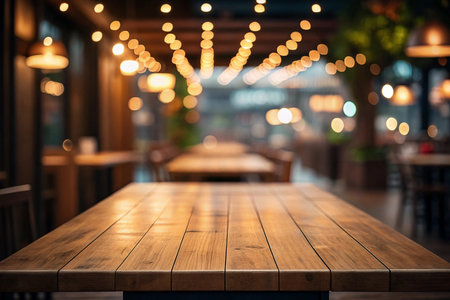 Empty wooden table in a restaurant at night. Warm lighting and blurred background of tables and chairsの素材