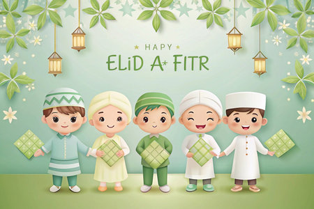 Festive Eid al-Fitr celebration with childrenの素材