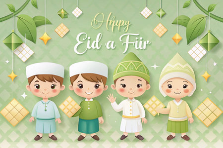 Festive Eid Al-Fitr illustration of four childrenの素材