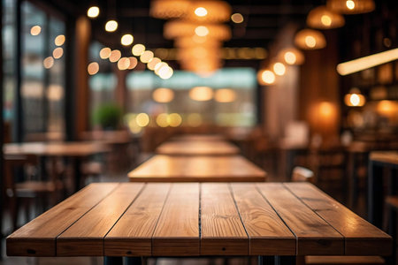 Empty wooden tables in a warm, inviting restaurantの素材