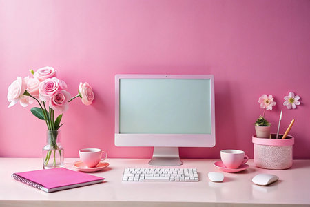 Pink workspace; computer, flowers, tea; minimalist background; blog/websiteの素材