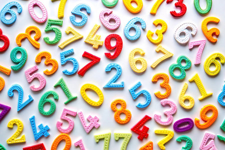 Colorful plastic numbers scattered on white background.の素材