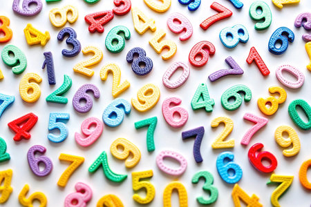 Colorful plastic numbers scattered on white background.の素材