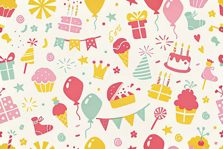 Festive birthday party seamless pattern with pastel colors, presents, cakes, balloons, and confetti.の素材