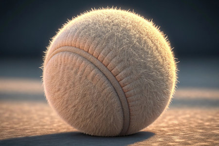 Fluffy tennis ball with soft fur texture illuminated by sunlight.の素材