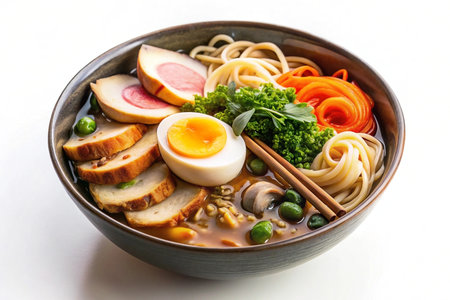 Flavorful bowl of ramen with protein, noodles, and vegetablesの素材