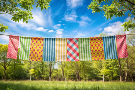 Colorful fabrics drying outdoors, sunny day, green trees background, summer picnicの素材