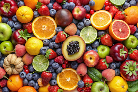 Colorful fruit display, vibrant assortment, healthy eating, background textureの素材