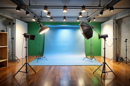 Studio Photography Setup, Blue Backdrop, Industrial Loft, Lighting Equipmentの素材