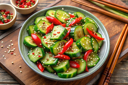 Fresh cucumber salad with chili peppers and sesame seeds (1)の素材