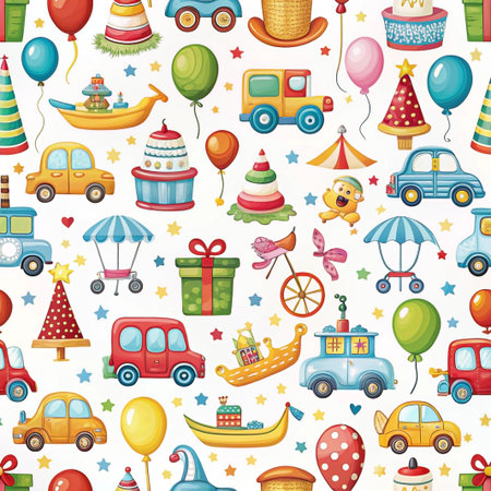 Cartoon toys, pattern, birthday party, children's wallpaper, possible use for kids room decorの素材
