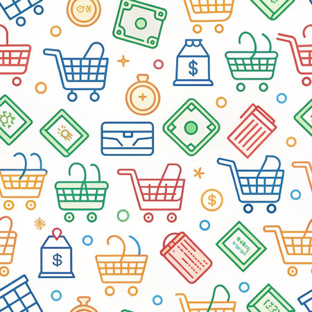 Seamless shopping pattern with carts, money, and bags. Colorful graphic design.  Possible use Background for e-commerce, or retail marketingの素材