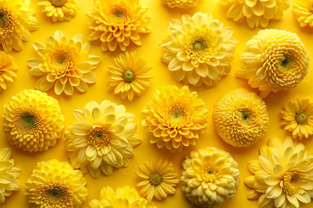 Yellow flowers arranged on a yellow background. Decorative floral design. Potential use Greeting cards, posters, wallpaperの素材