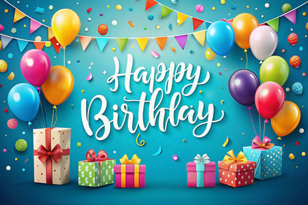 Birthday celebration background with balloons, gifts, and confetti.  Possible use Greeting card, invitation designの素材