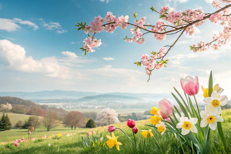 Spring blossoms hillside valley viewの素材