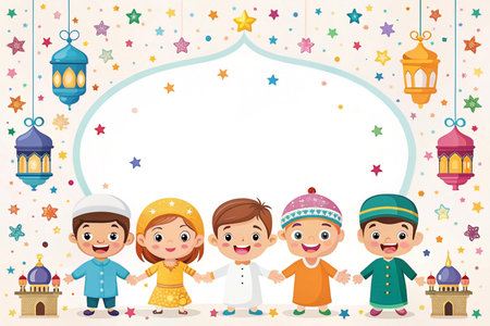 Happy Muslim children celebrating Eid, holding hands, lanterns & mosque backgroundの素材
