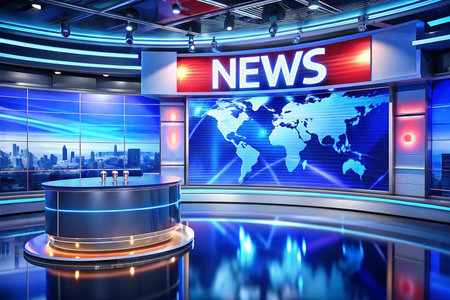 3D news studio virtual set, city view background, broadcast presentationの素材