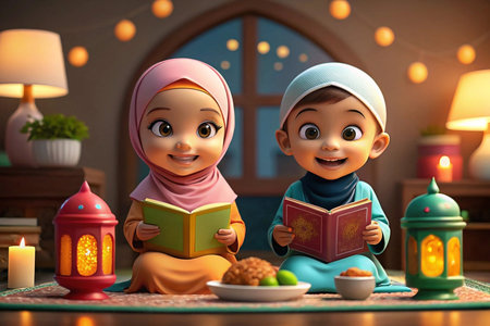 Muslim children reading books, Ramadan, home, nightの素材