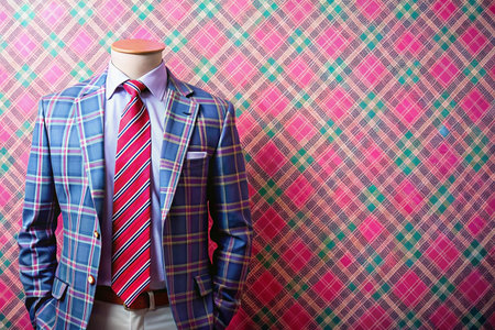 Man's suit display on patterned wall, fashion display, retailの素材