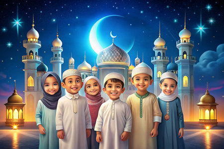 Children in prayer dress in front of a mosque at night. Possible use Stock photo for Muslim religious celebrationsの素材