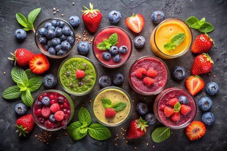 Assorted fruit smoothies in glasses, garnished with fresh berries and mint, arranged on a dark surface.の素材