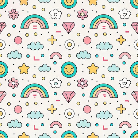 Seamless pastel rainbow, cloud, and smiley face pattern.の素材
