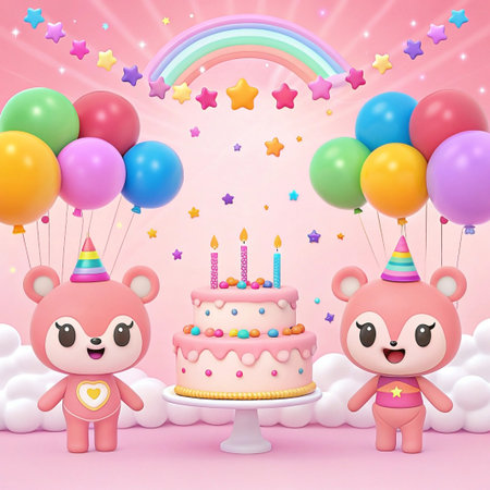Two cute bears celebrate a birthday with a cake, balloons, and rainbow.の素材
