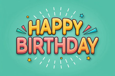 Happy Birthday! Colorful 3D text with starburst effect on teal background.の素材