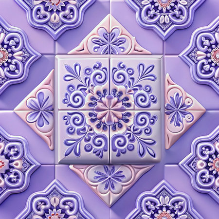 Lavender and pink 3D tile pattern with ornate floral designs.の素材