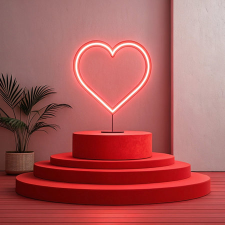 Red neon heart sign on red tiered display.の素材